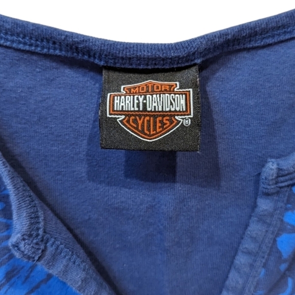 HARLEY Davidson Cap Sleeve Blue Graphic Women's Henley (M) - Picture 3 of 4